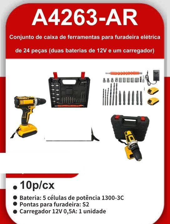 A4263-AR Conjunto de Caixa de Ferramentas para Furadeira Elétrica