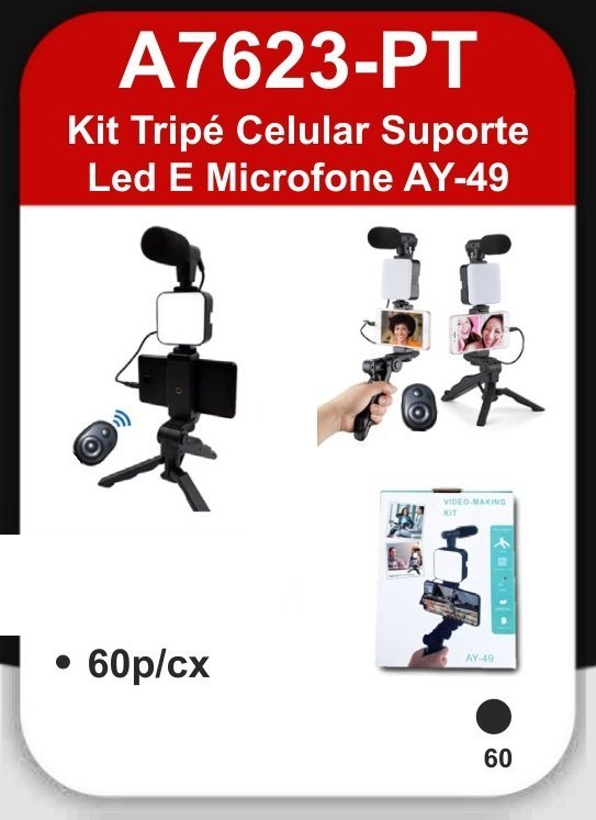 A7623-PT Kit Tripé Lular Suporte LED e Microfone AY-49