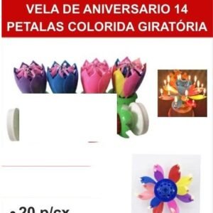 A3823 Vela de Aniversario 14 Petalas Colorida Giratória