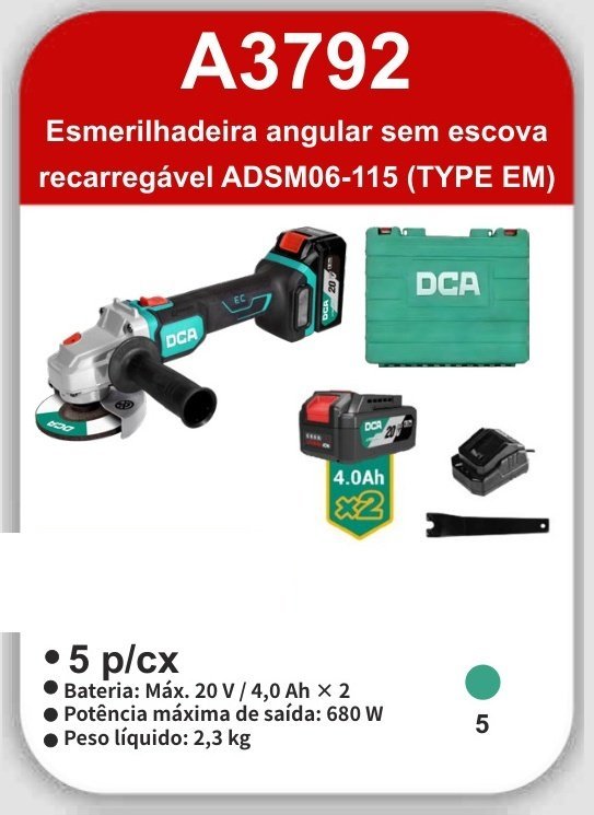 A3792 Esmerilhadeira Angular Sem Escova Recarregável ADSM06-115 (type Em)