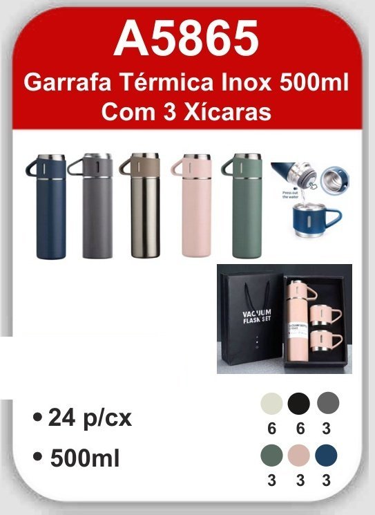 A5865 Garrafa Térmica Inox 500ML com 3 Xícaras