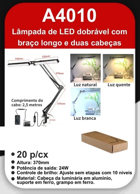 A4010 Lâmpada de LED Dobrável com Braço Longo e Duas Cabeças