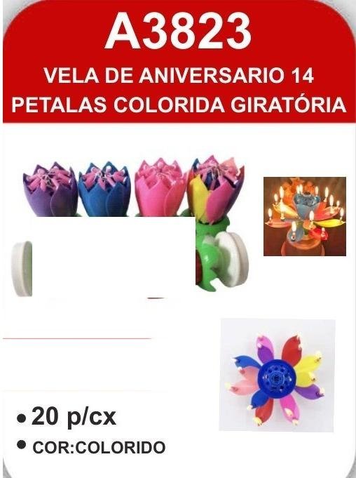 A3823 Vela de Aniversario 14 Petalas Colorida Giratória