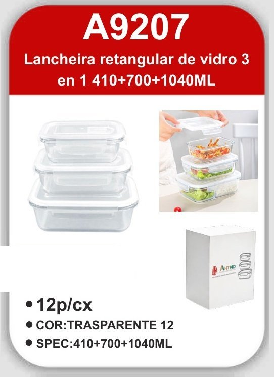 A9207 Lancheira Retangular de Vidro 3 En 1