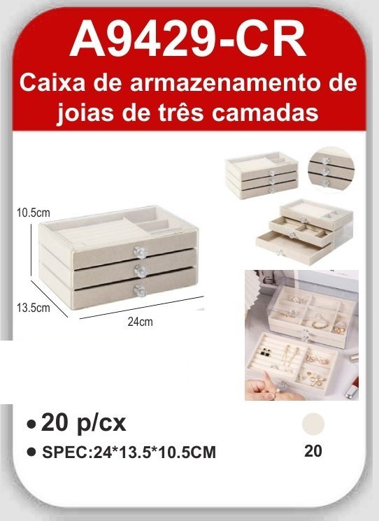 A9429-CR Caixa de Armazenamento de Joias de Três Camadas