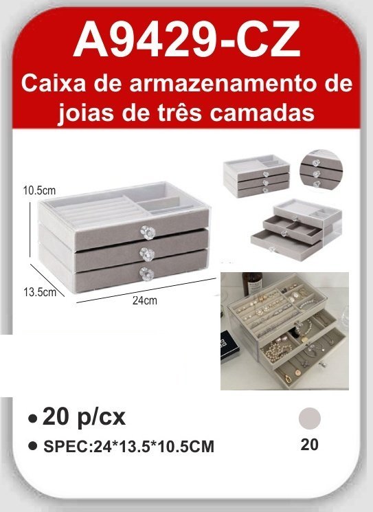 A9429-CZ Caixa de Armazenamento de Joias de Três Camadas